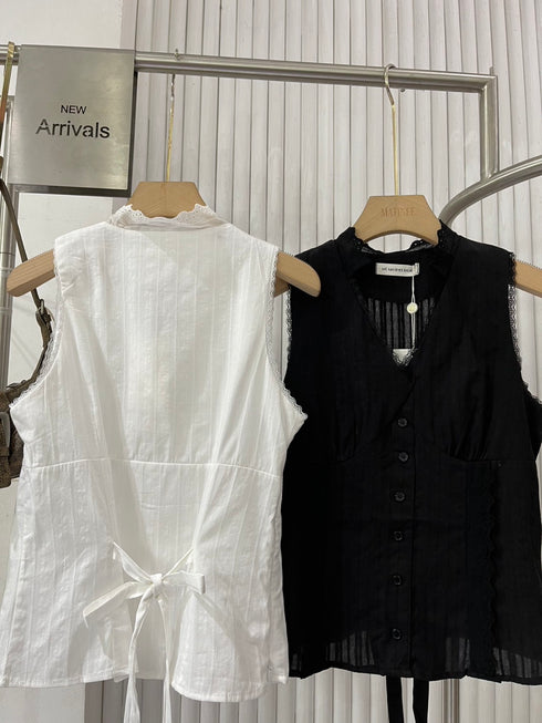 Sleeveless V-neckline Lace Trim Back Tie Blouse